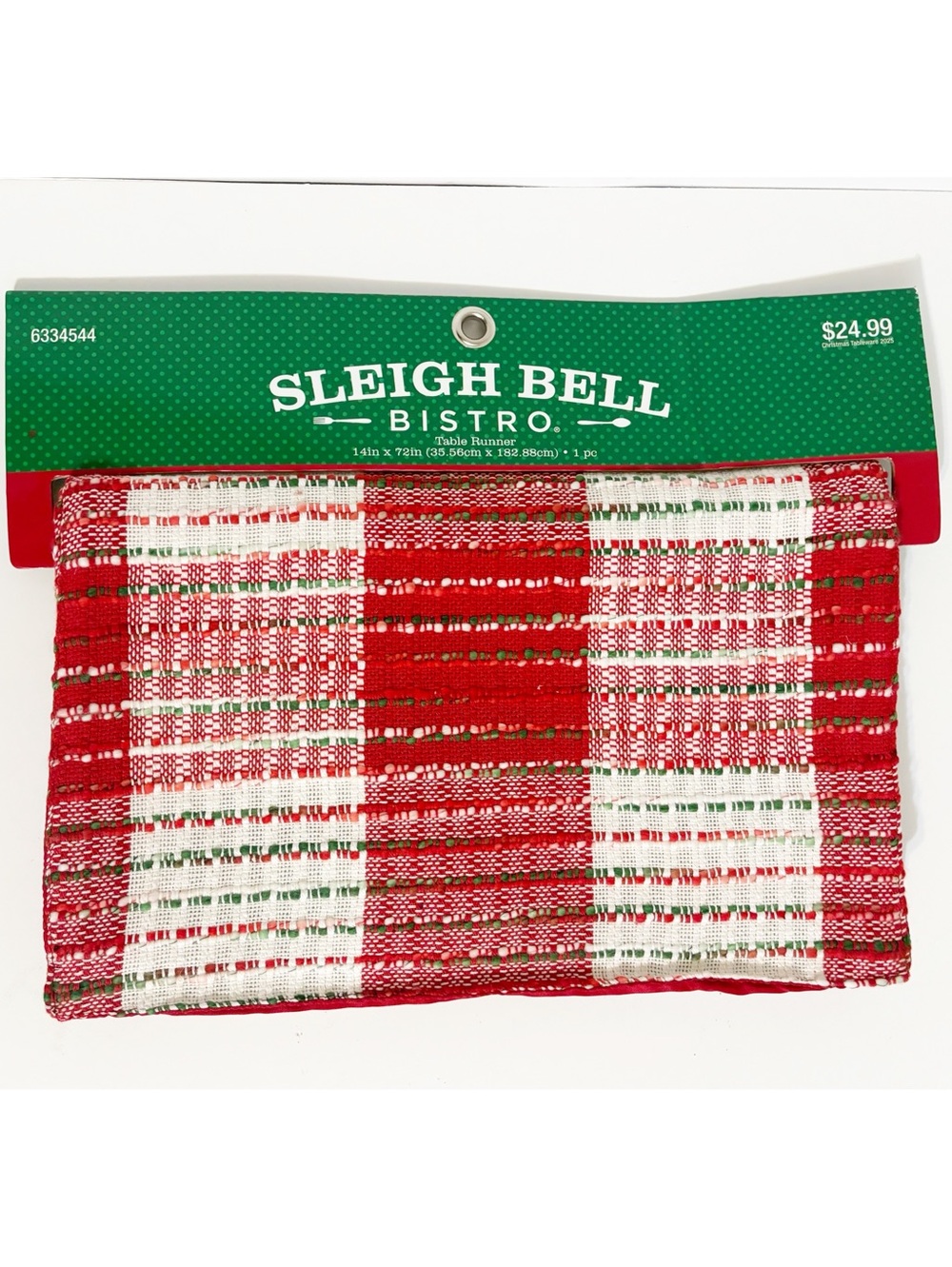 Sleigh Bell Bistro Plaid Christmas Table Runner 14" x 72" Red White & Green, New